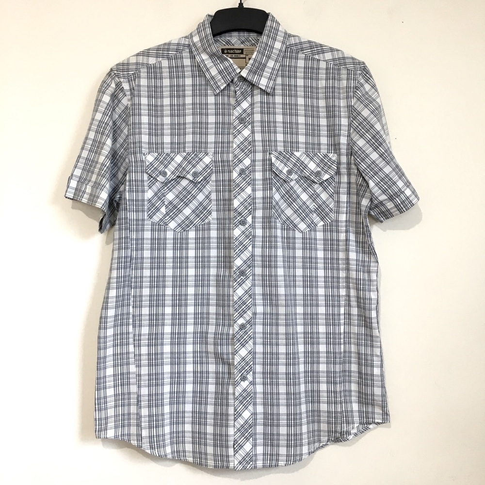 Machine Men’s Gray White Plaid Button Up Short Sleeve Causal Shirt
